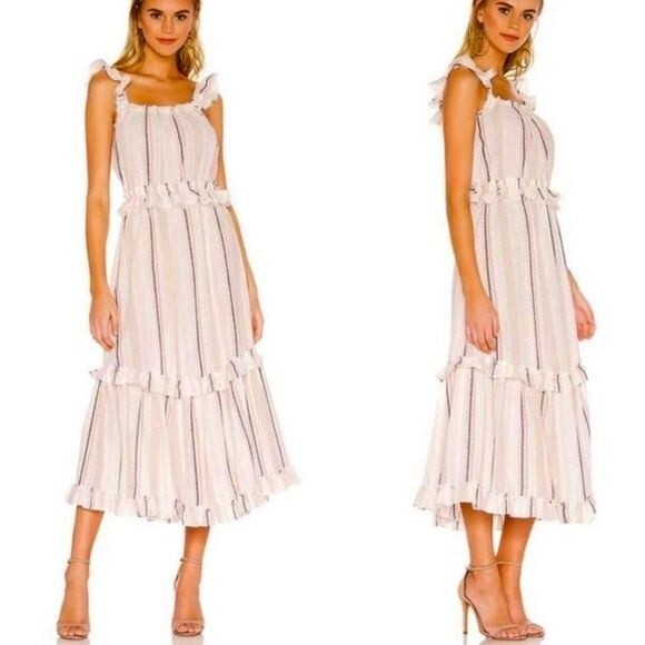 Misa Los Angeles Idonia cream chambray stripe ruffle midi dress medium MSRP $395 - Picture 1 of 4